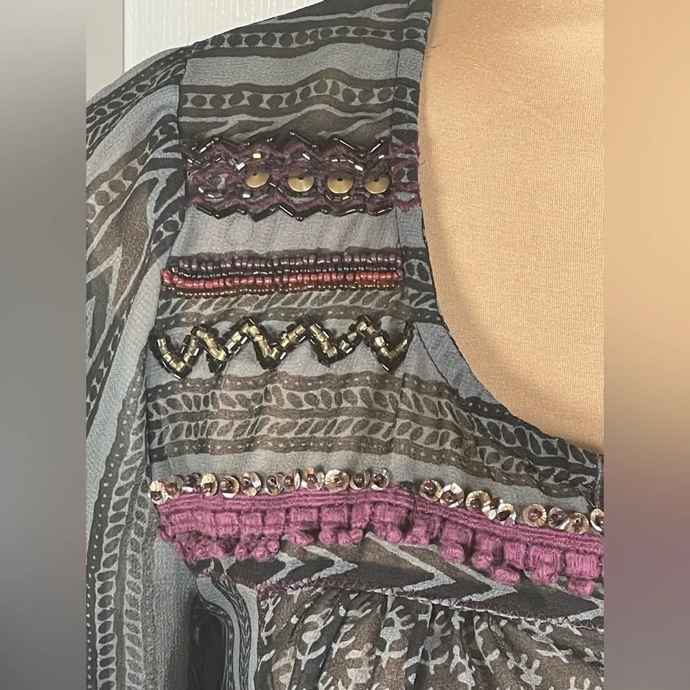 Free People Feather in the Wind‎ Sheer Beaded Boho Tunic Top Blouse XS